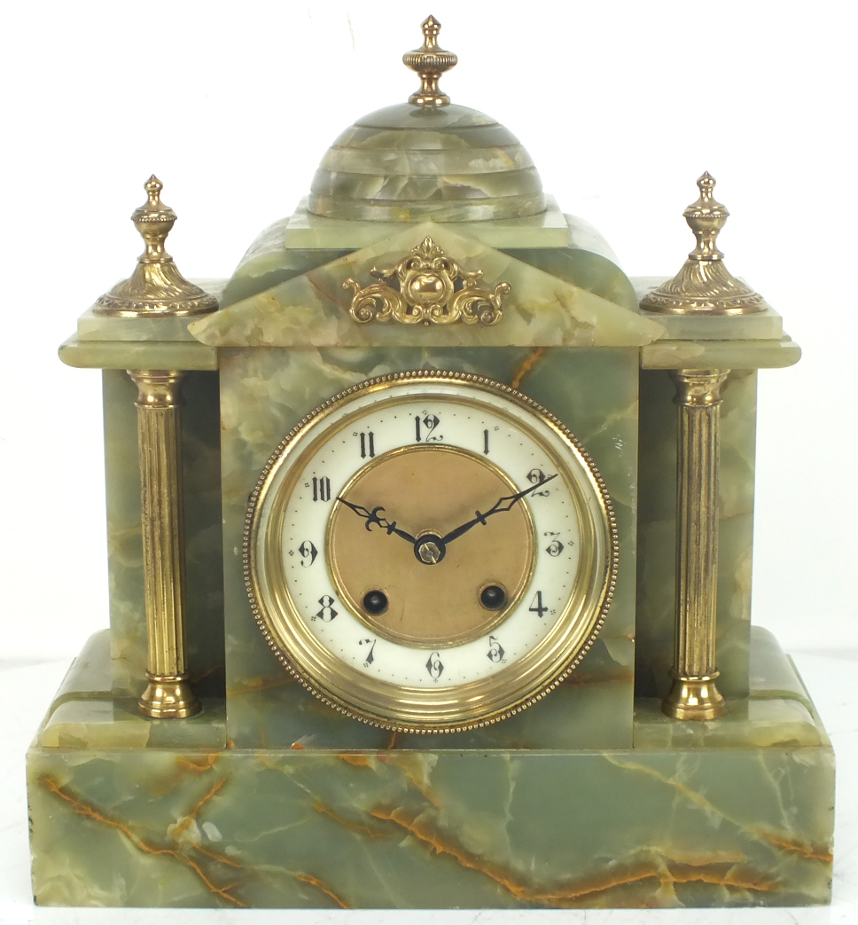 Antique French 8 Day Mantle Clock Architectul Green Onyx Marble Mantle