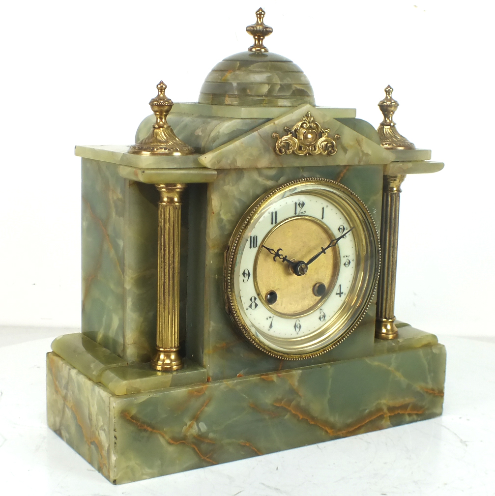 Antique French 8 Day Mantle Clock Architectul Green Onyx Marble Mantle
