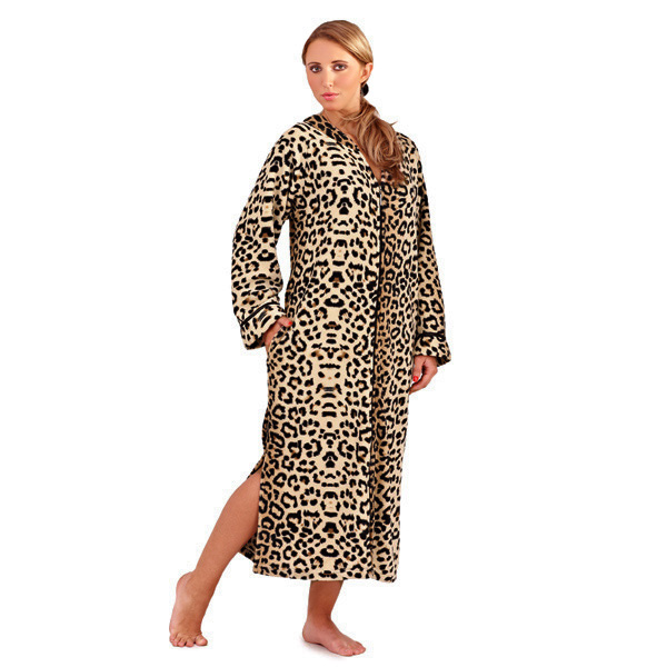 Ladies Animal Leopard Print Soft Fleece Zip Front Dressing Gown
