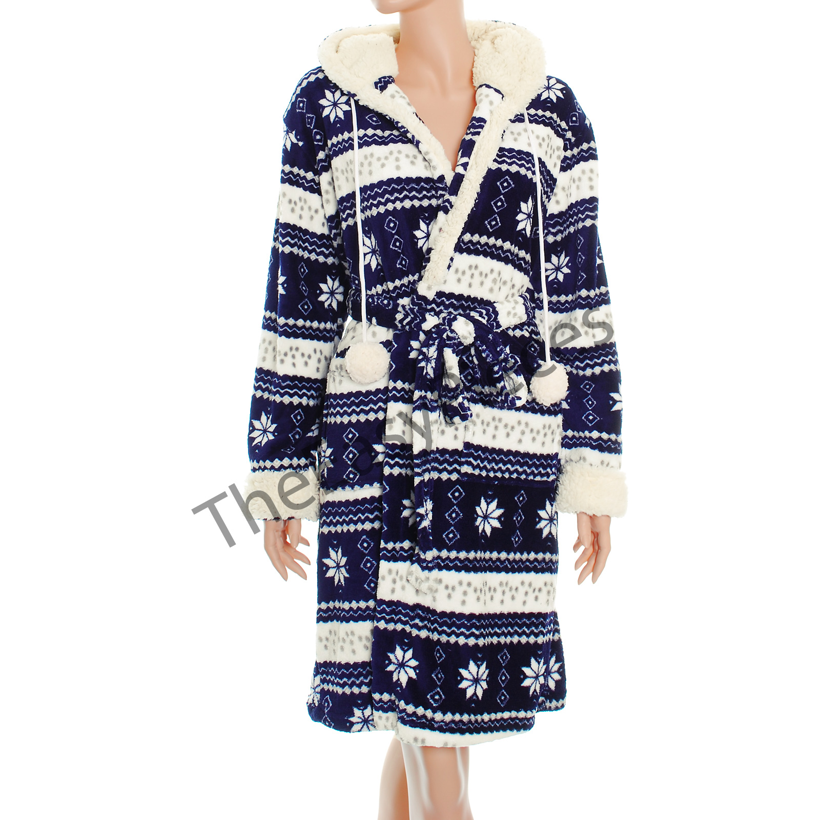 Nordic Fair Isle Snowflake Soft Fleece Sherpa Lined Hood Robe Bathrobe