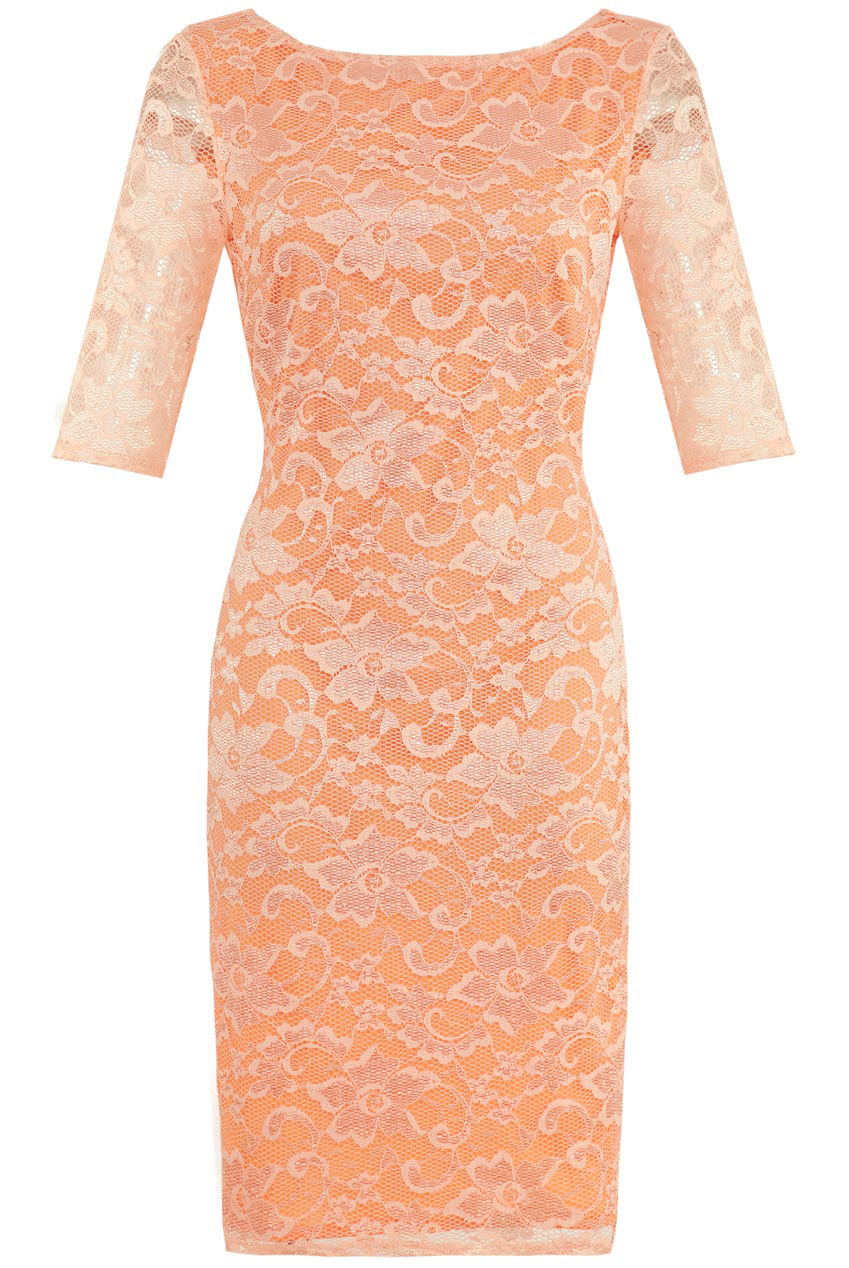 Peach dress with lace Browse David's Bridal collection of peach bridesmaid dresses in light shades, lace designs, & more! Long Strapless Lace Dress with Sweetheart Neckline. W 3 colors Added to your favorites! David's Bridal. Short Lace and Mesh Dress with Illusion Neckline. F