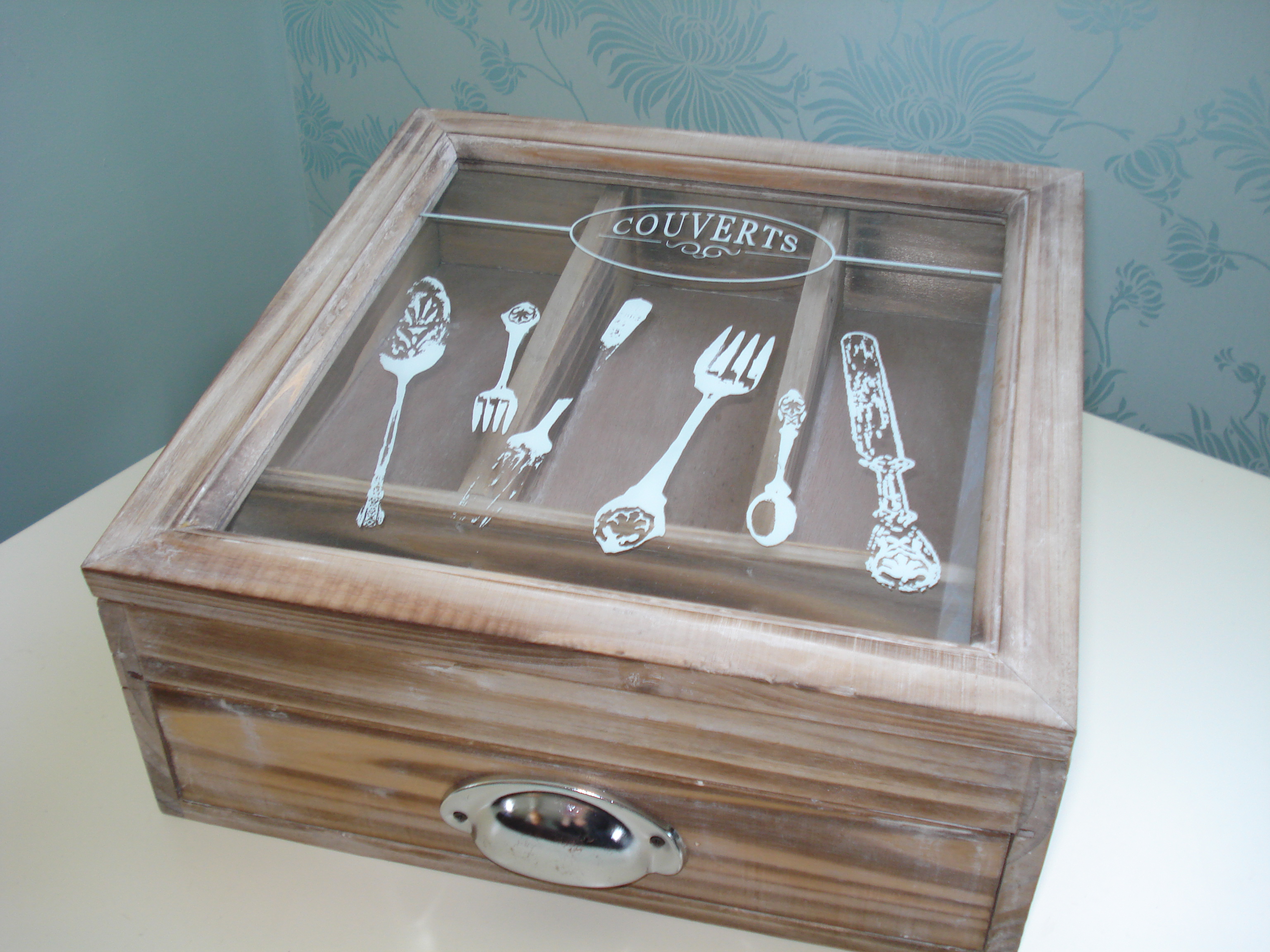 Shabby Chic Cutlery Storage Box with Drawer Wooden Box