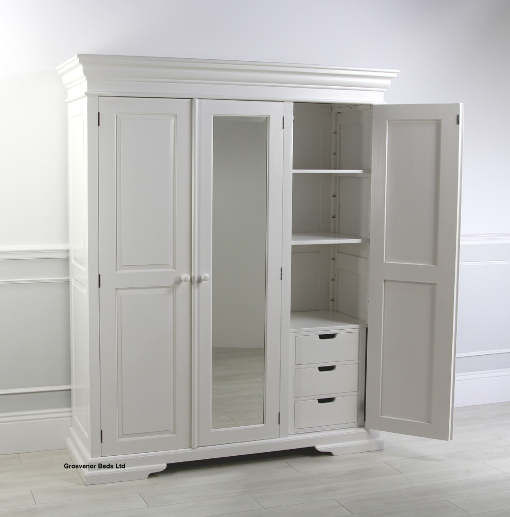 New French Style White Mahogany Triple Wardrobe with Mirror Hanging