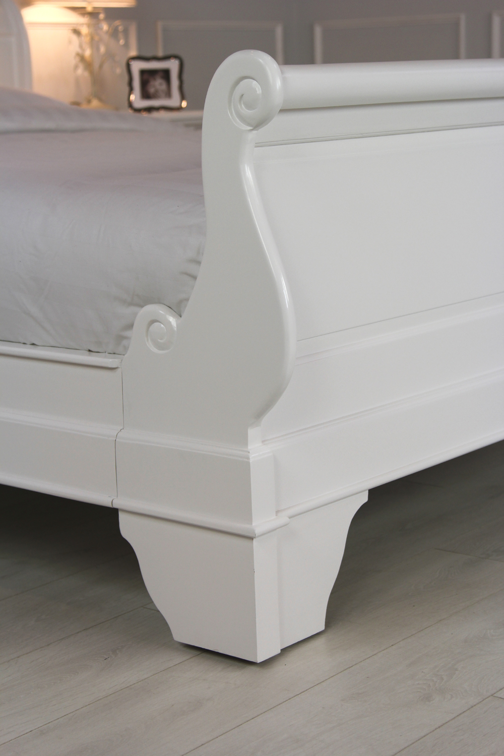 New Solid Mahogany White French Sleigh Bed Double Size & King Size