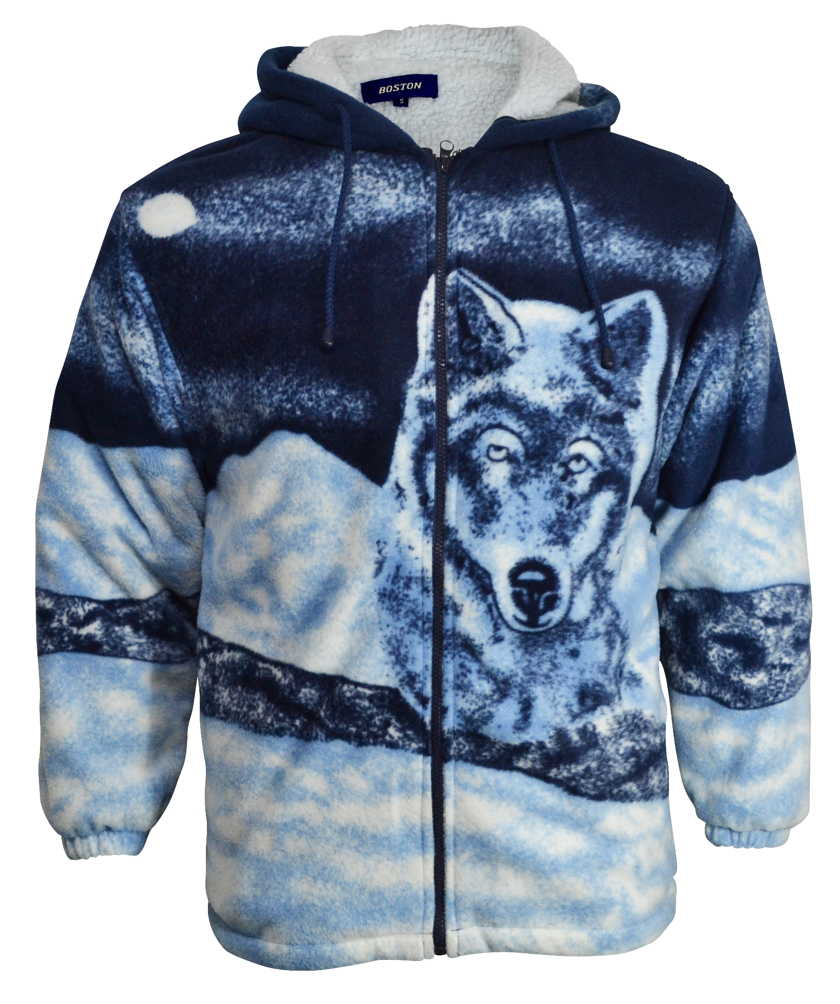 New Warm Sherpa Fleece Hooded Jacket Animal Print Wolf Blue & Black