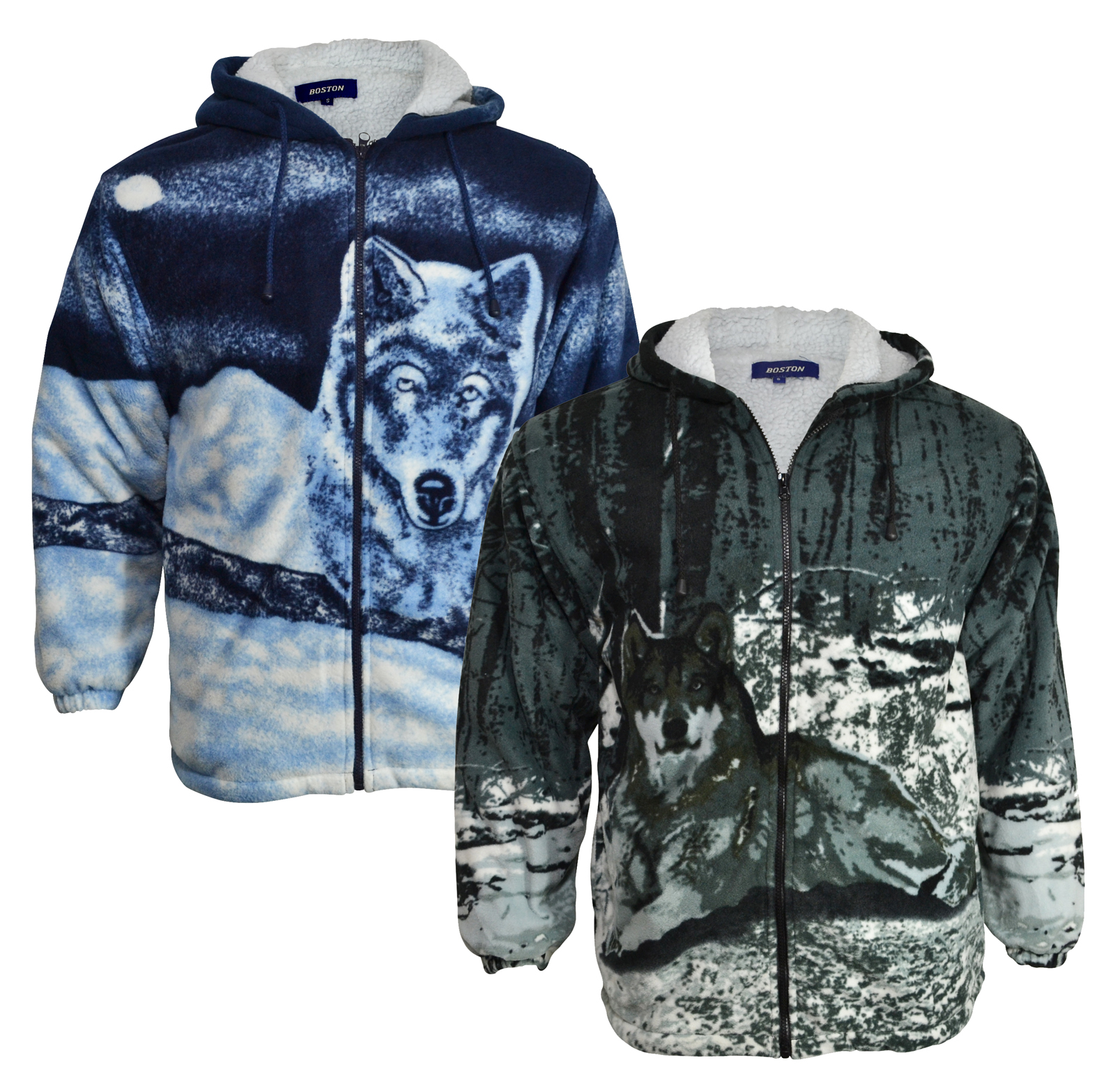 New Warm Sherpa Fleece Hooded Jacket Animal Print Wolf Blue & Black
