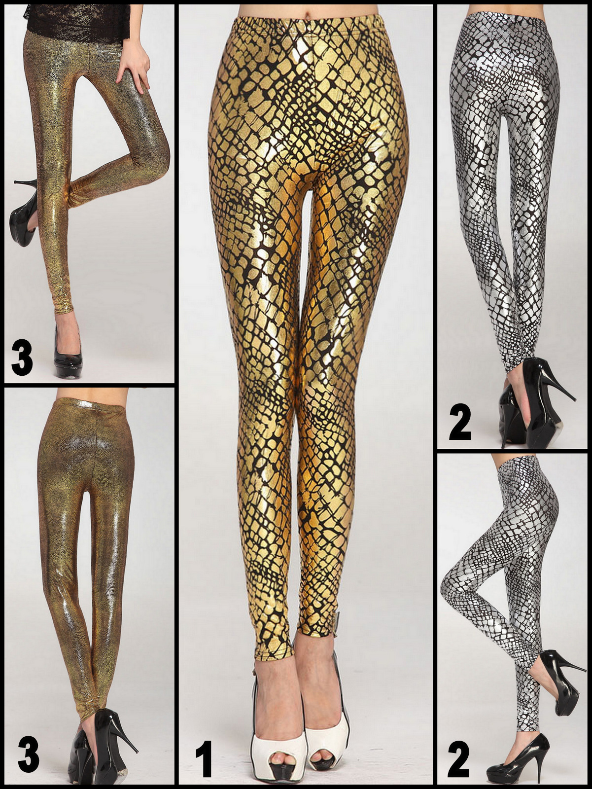 LADIES SEXY BLACK GOLD SILVER LEGGINGS WET LOOK METALLIC ONE SIZE