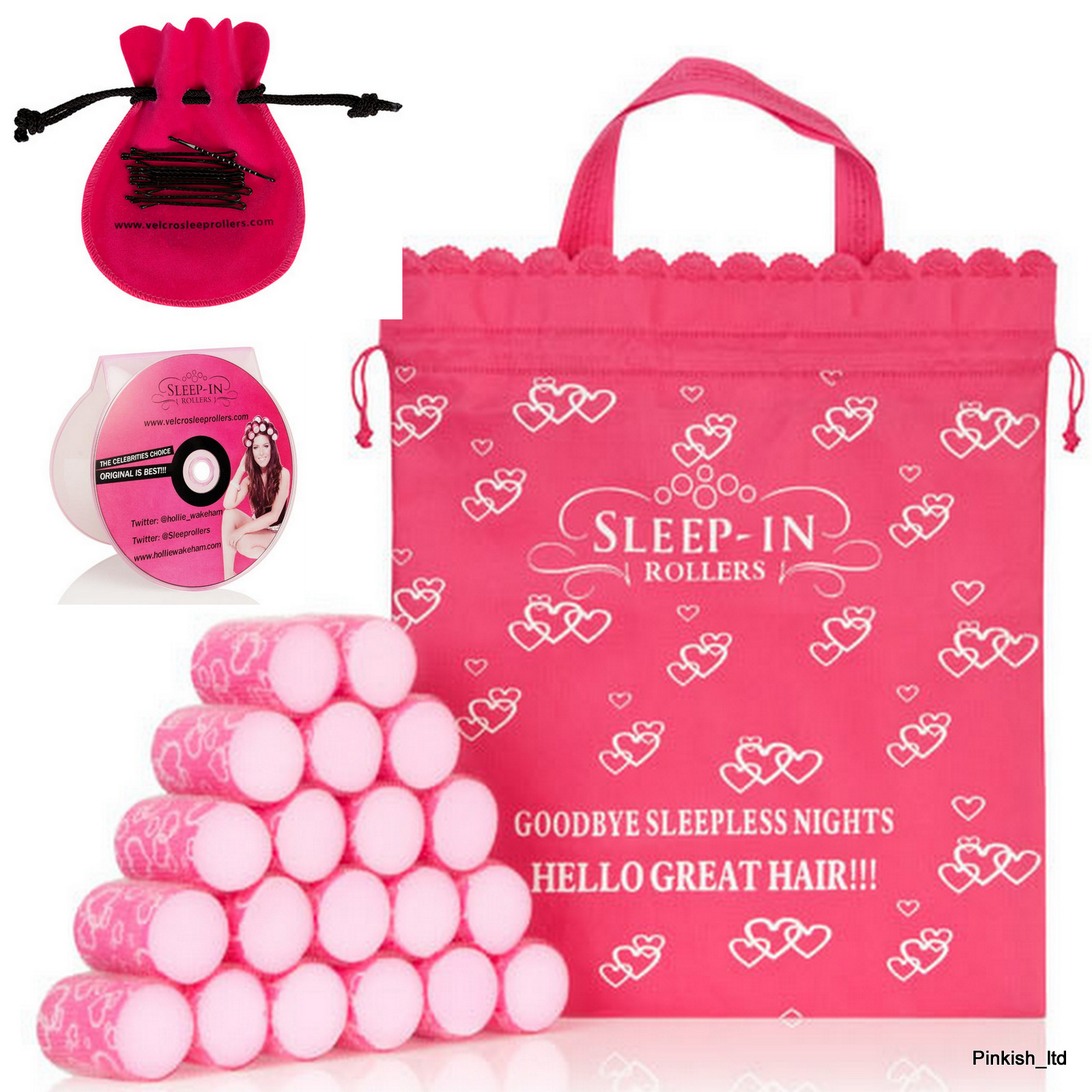 LIMITED ADDITION 20 PINK LOVE HEART SLEEP IN ROLLERS VELCRO FOAM SNOOZE