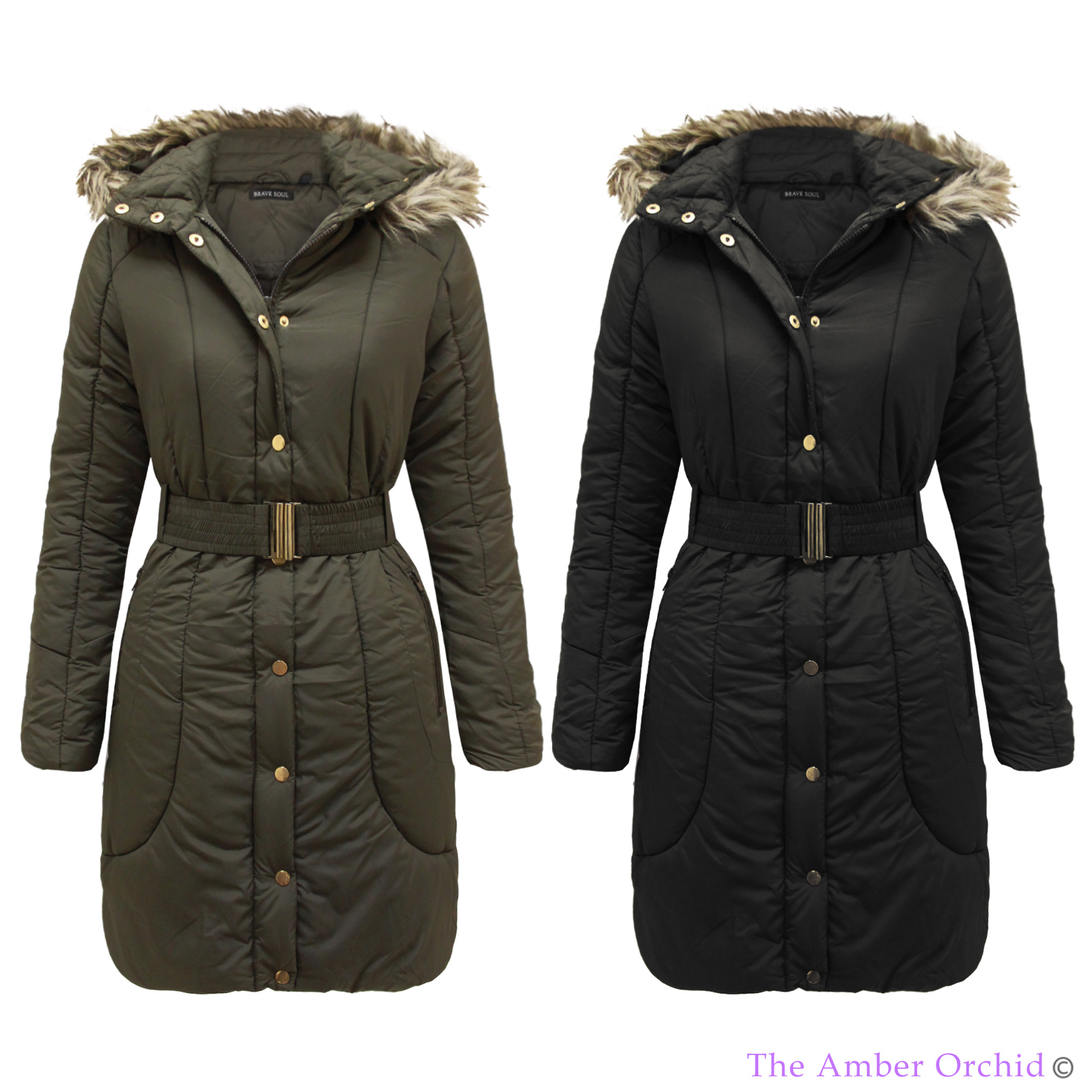 womens padded jacket with fur hood and belt