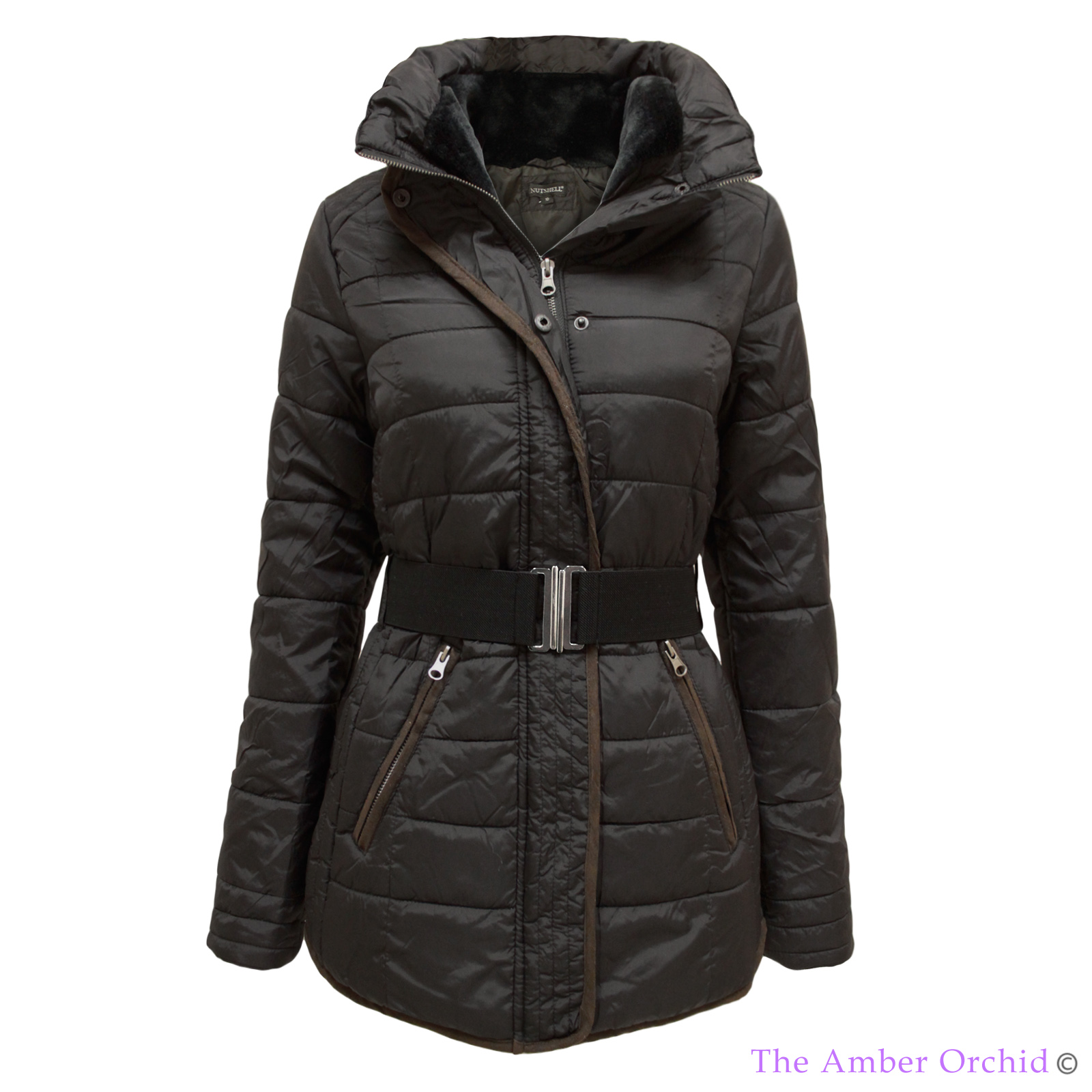 LADIES PUFFER QUILTED PADDED BELTED WINTER WARM PARKA JACKET WOMENS