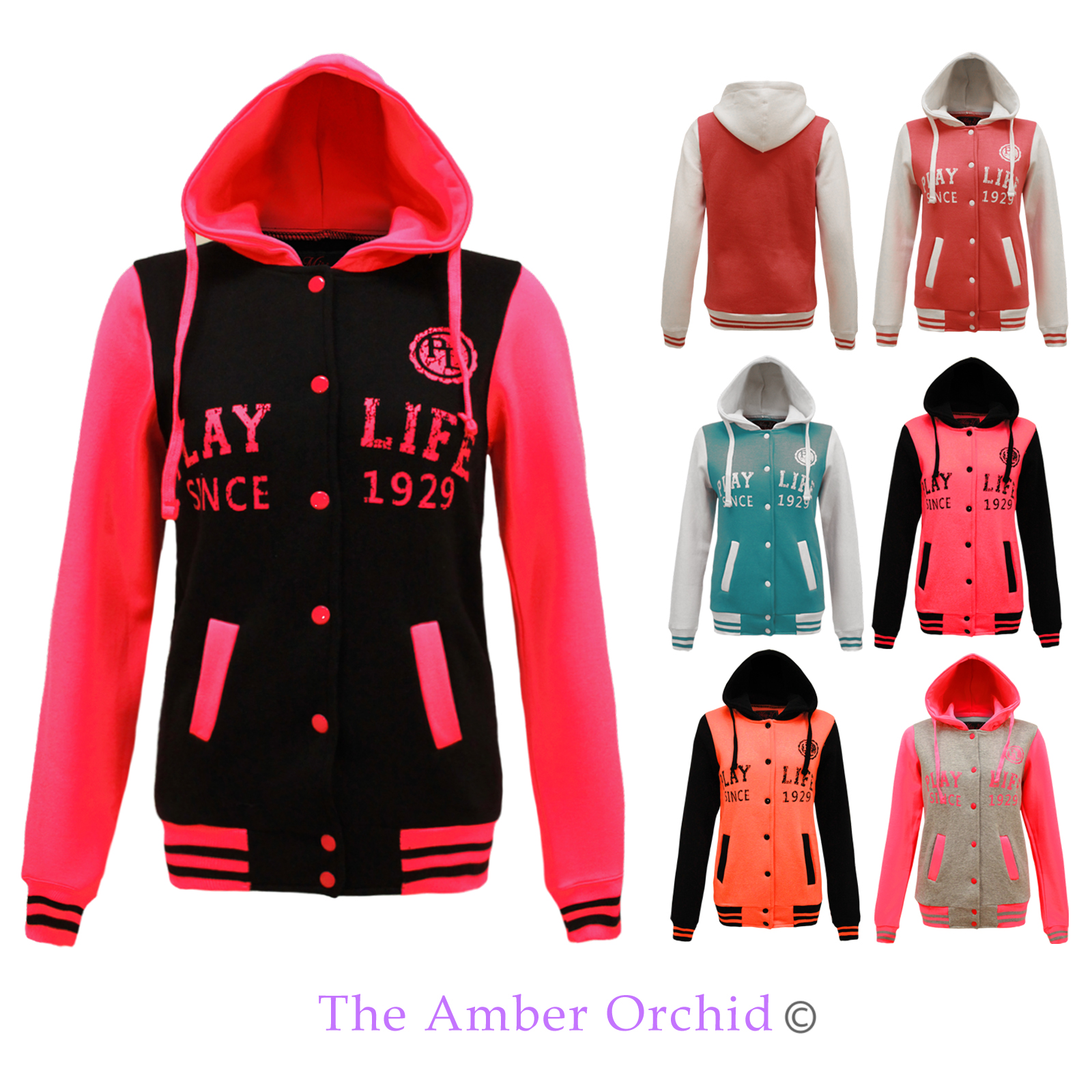 LADIES WOMENS PLAY BASEBALL COLLEGE UNI VARSITY HOODED JERSEY LETTERMAN JACKET