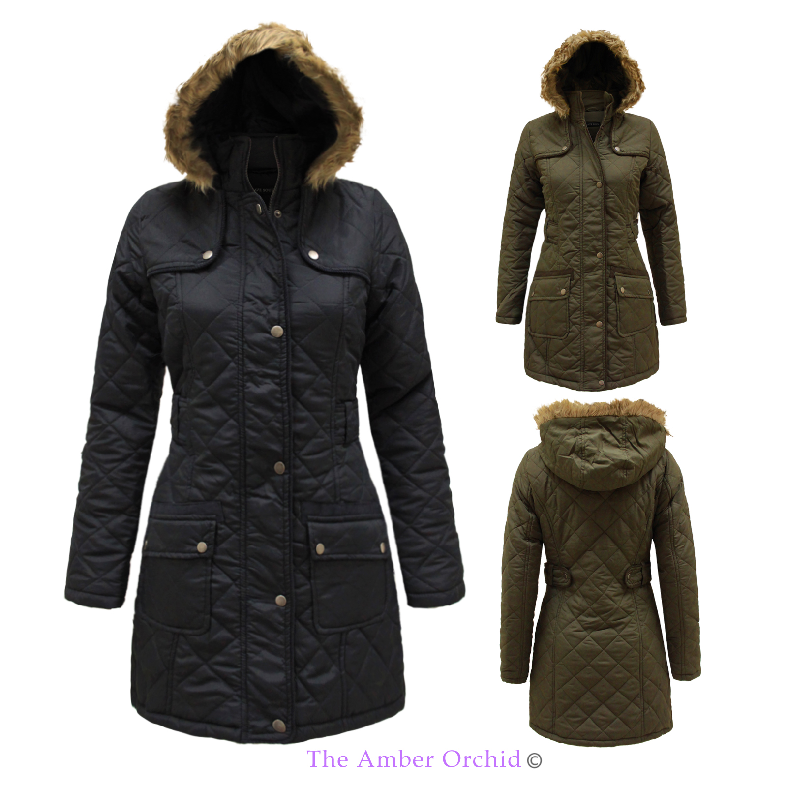 LADIES WOMENS BRAVE SOUL FUR HOODED DIAMOND QUILTED PARKA JACKET COAT 8