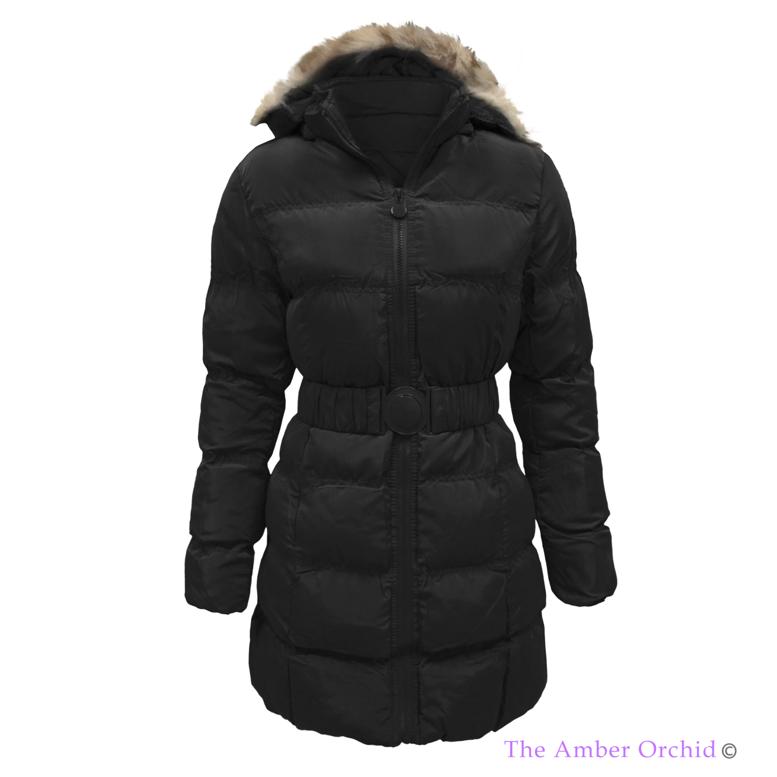 LADIES WOMENS PUFFER QUILTED PADDED FUR HOODED BELTED WINTER COAT PARKA