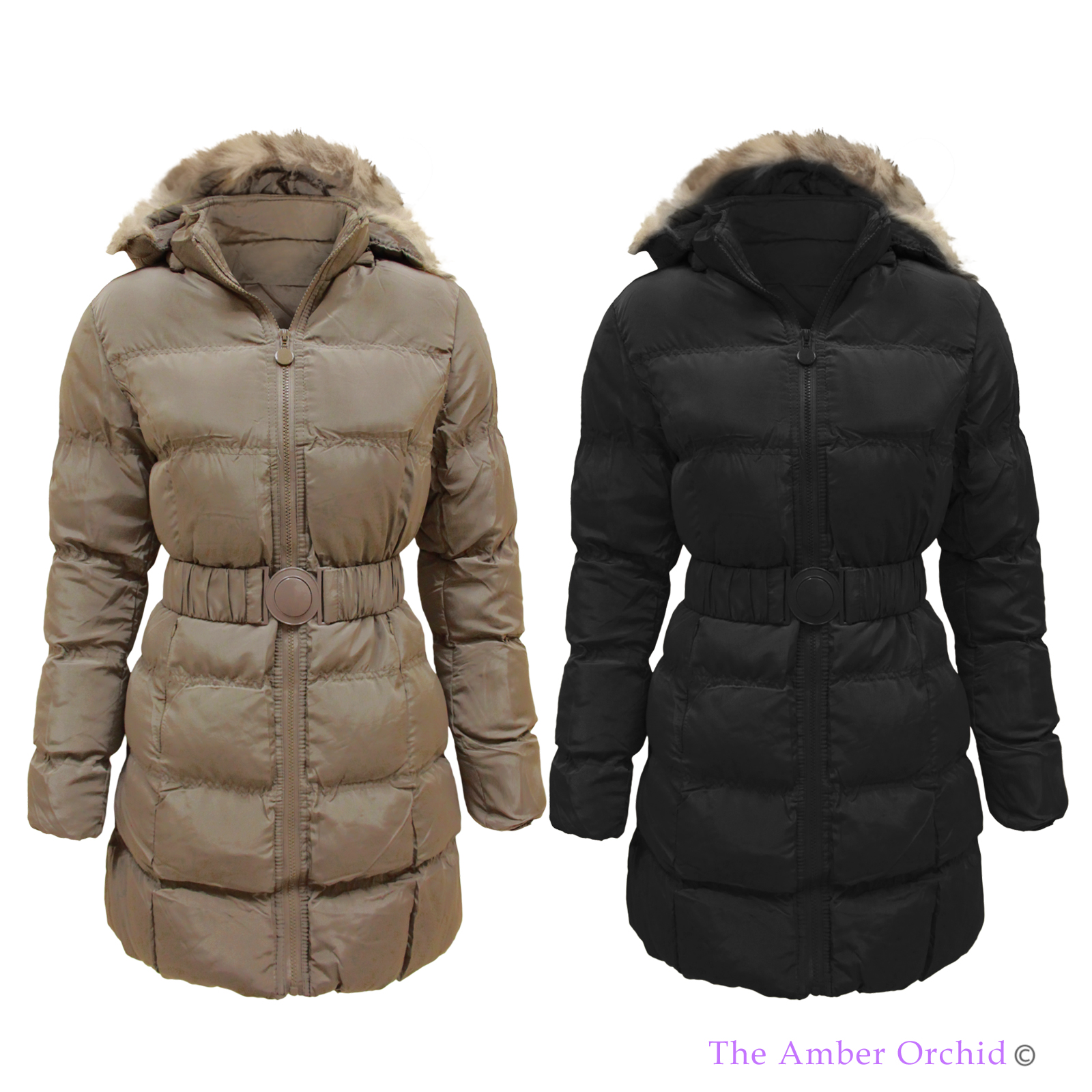 LADIES WOMENS PUFFER QUILTED PADDED FUR HOODED BELTED WINTER COAT ...