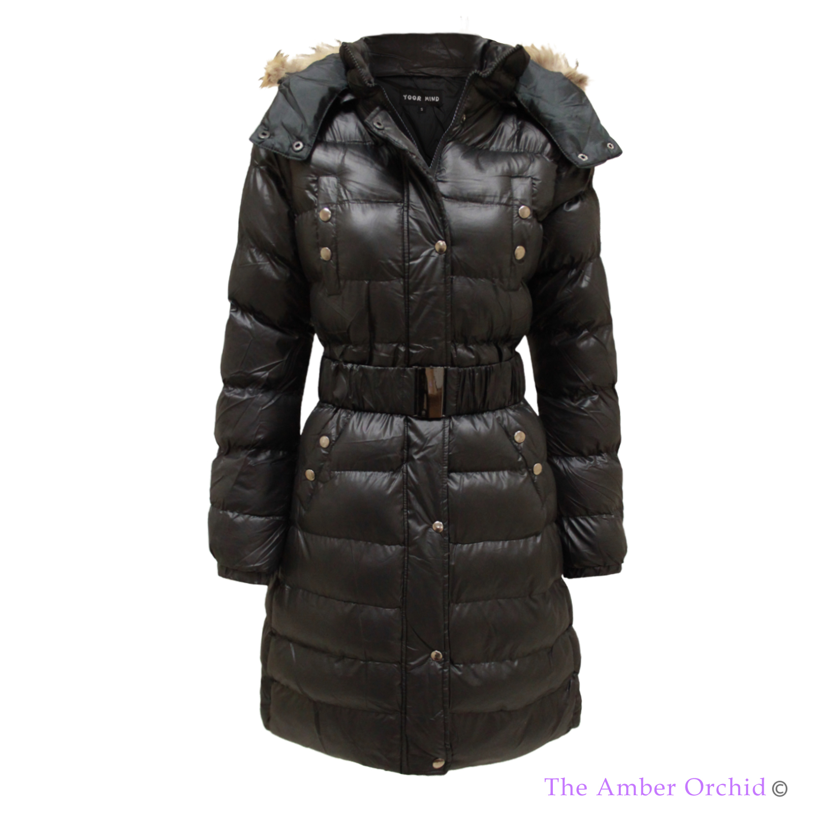 LADIES QUILTED PADDED BELTED FUR HOODED WOMENS PUFFER WINTER COAT PARKA