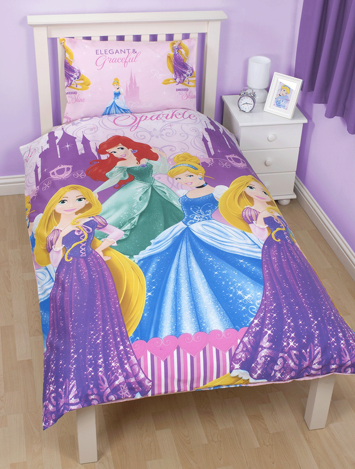 DISNEY PRINCESS SPARKLE SINGLE DUVET COVER & PILLOW CASE REVERSIBLE