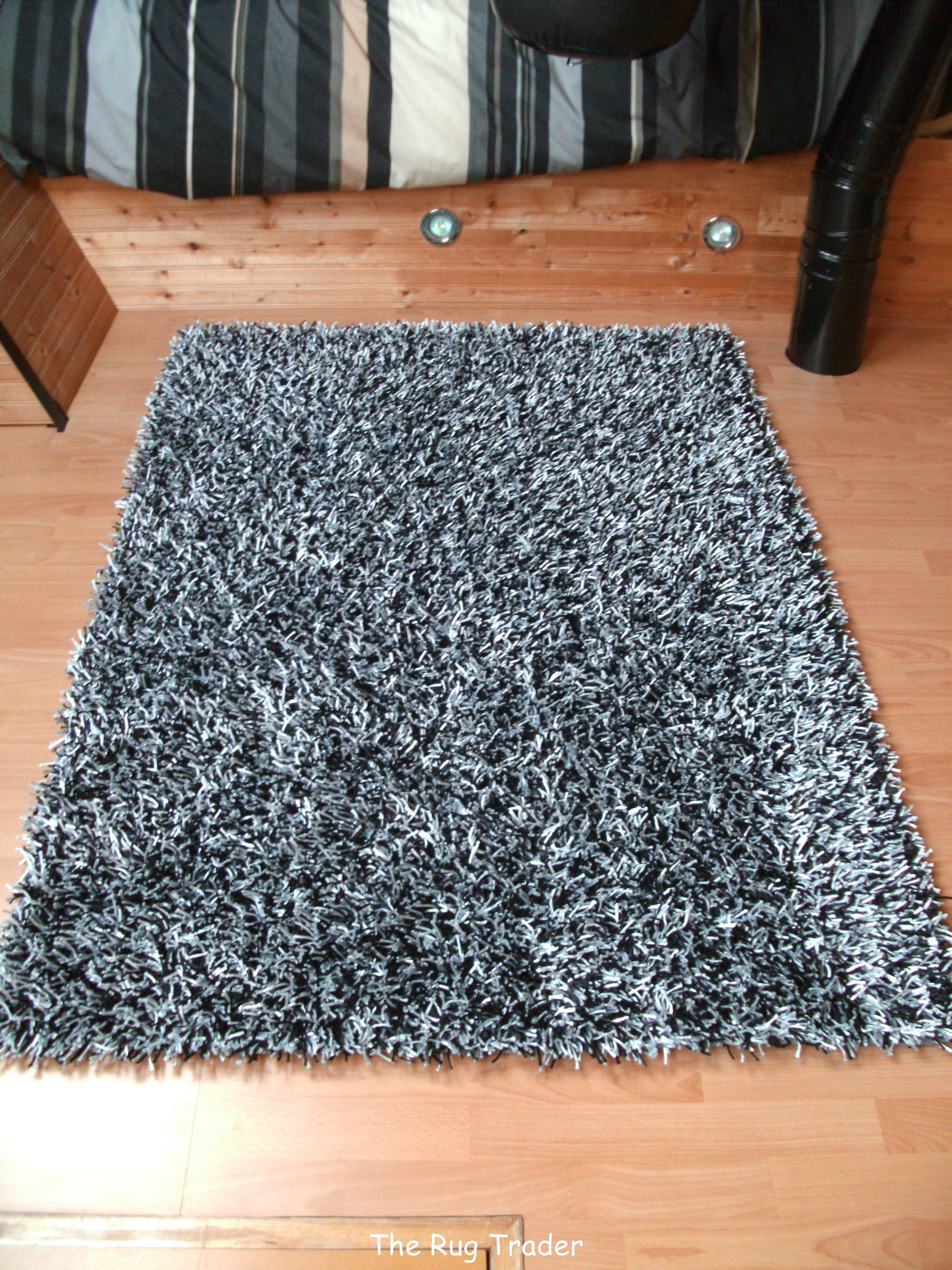 Shiny Spaghetti Strand Shaggy Rug Black Silver in Various sizes eBay
