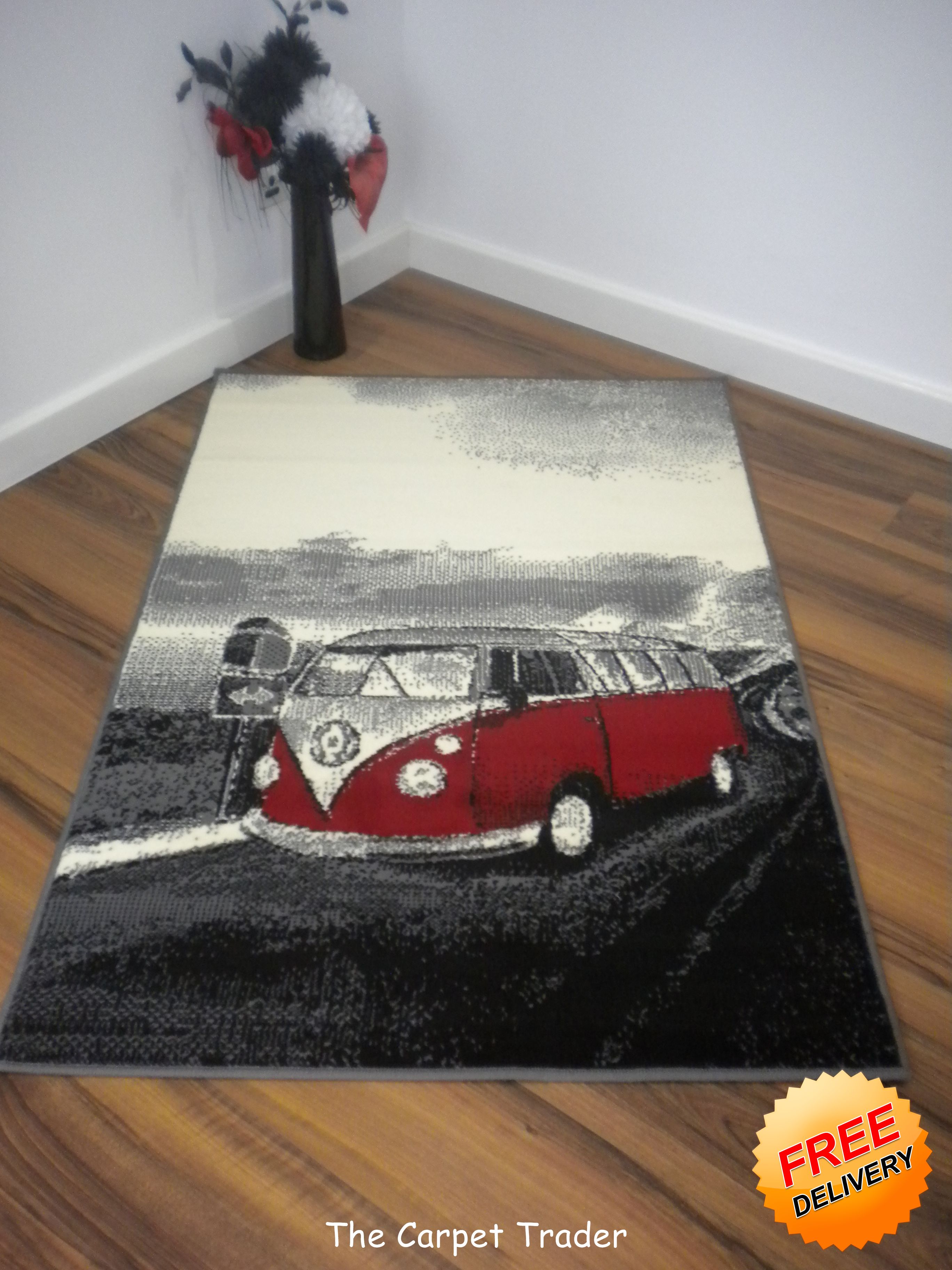 VW Camper Van Rugs Red Blue Lime in Two Sizes