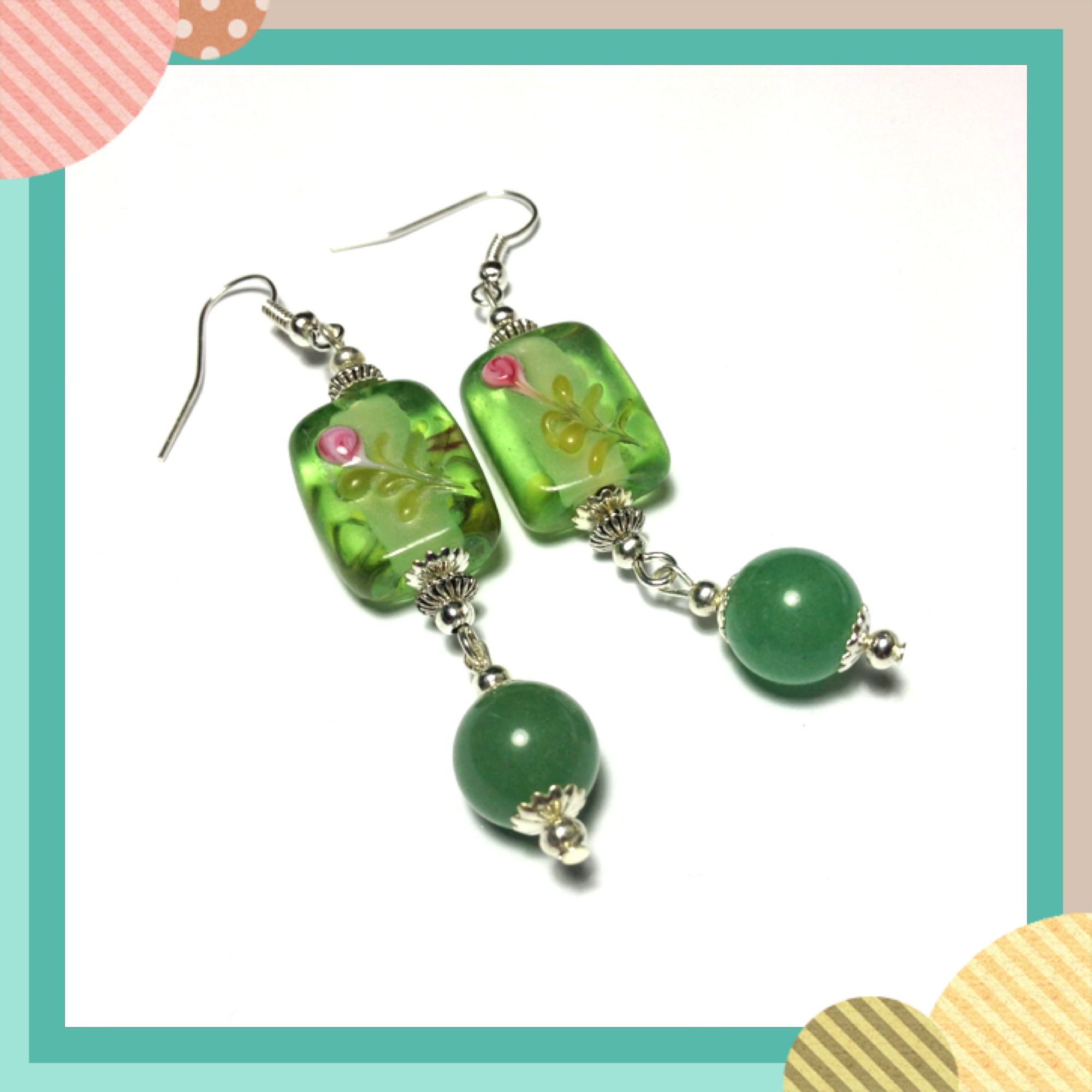 Long Green Glass & Agate Bead Earrings Silver Vintage Style Dangle Drop ...