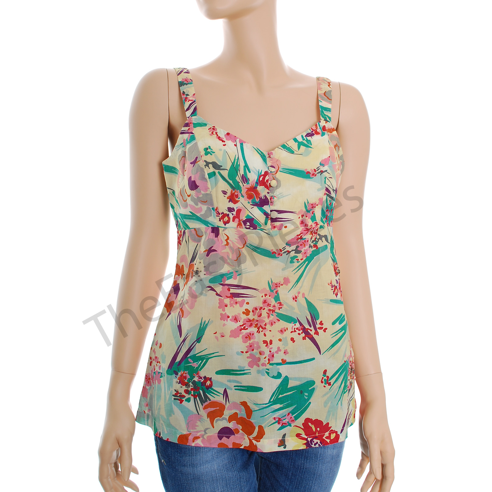 NEW Cream Turquoise Cotton Floral Camisole Cami Top ~Various Sizes | eBay