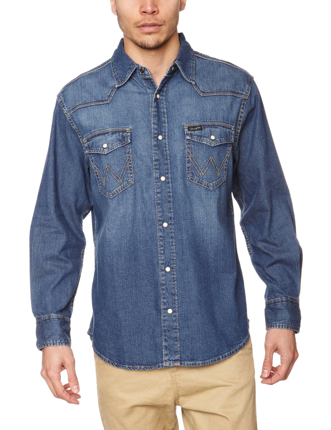 New Mens Wrangler Western Mid Stone Blue Denim Shirt | eBay