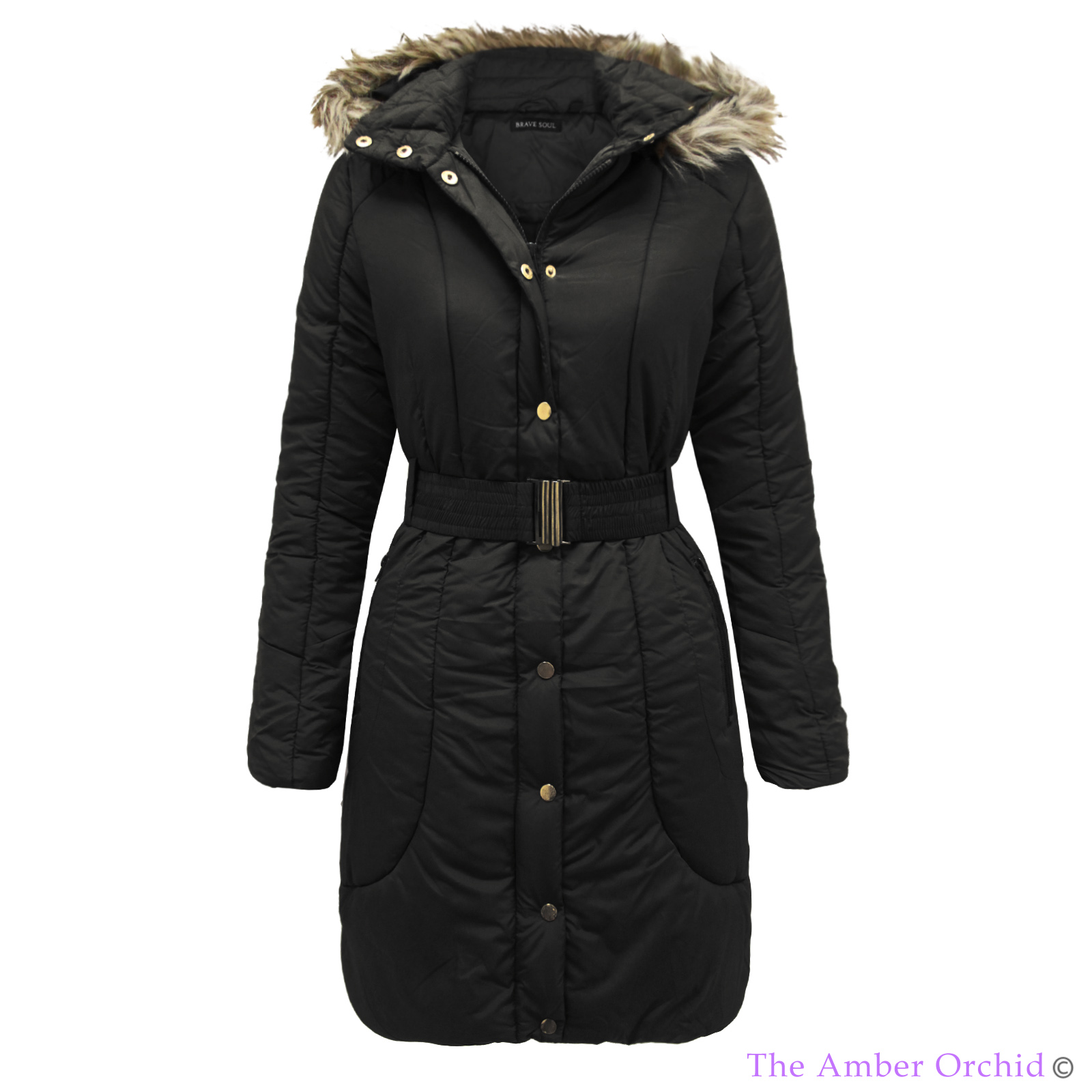 LADIES WOMENS FUR HOODED BELTED PUFFER PADDED QUILTED LONG PARKA JACKET ...