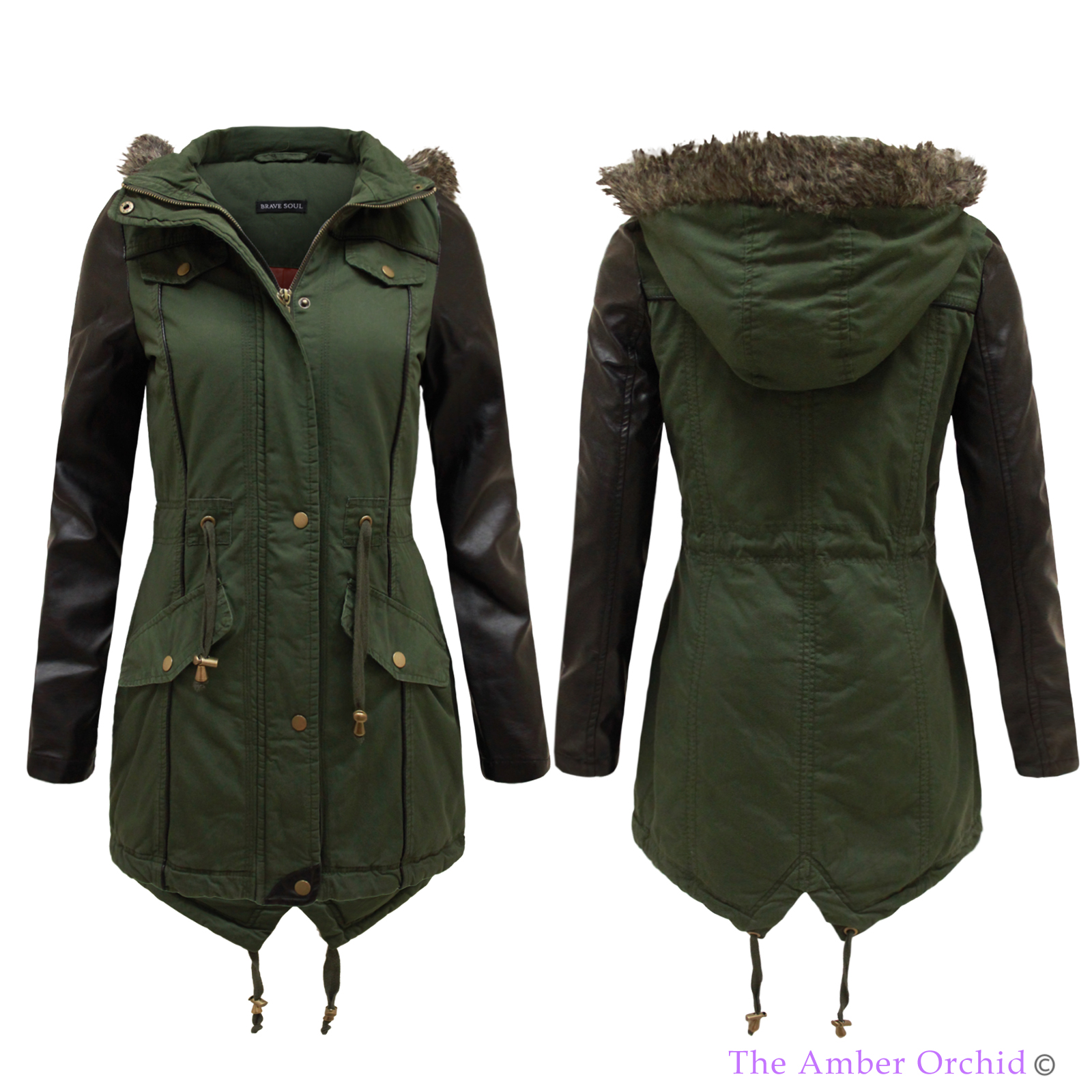 LADIES FAUX LEATHER PVC SLEEVE WOMENS FUR HOODED MILITARY PARKA JACKET ...