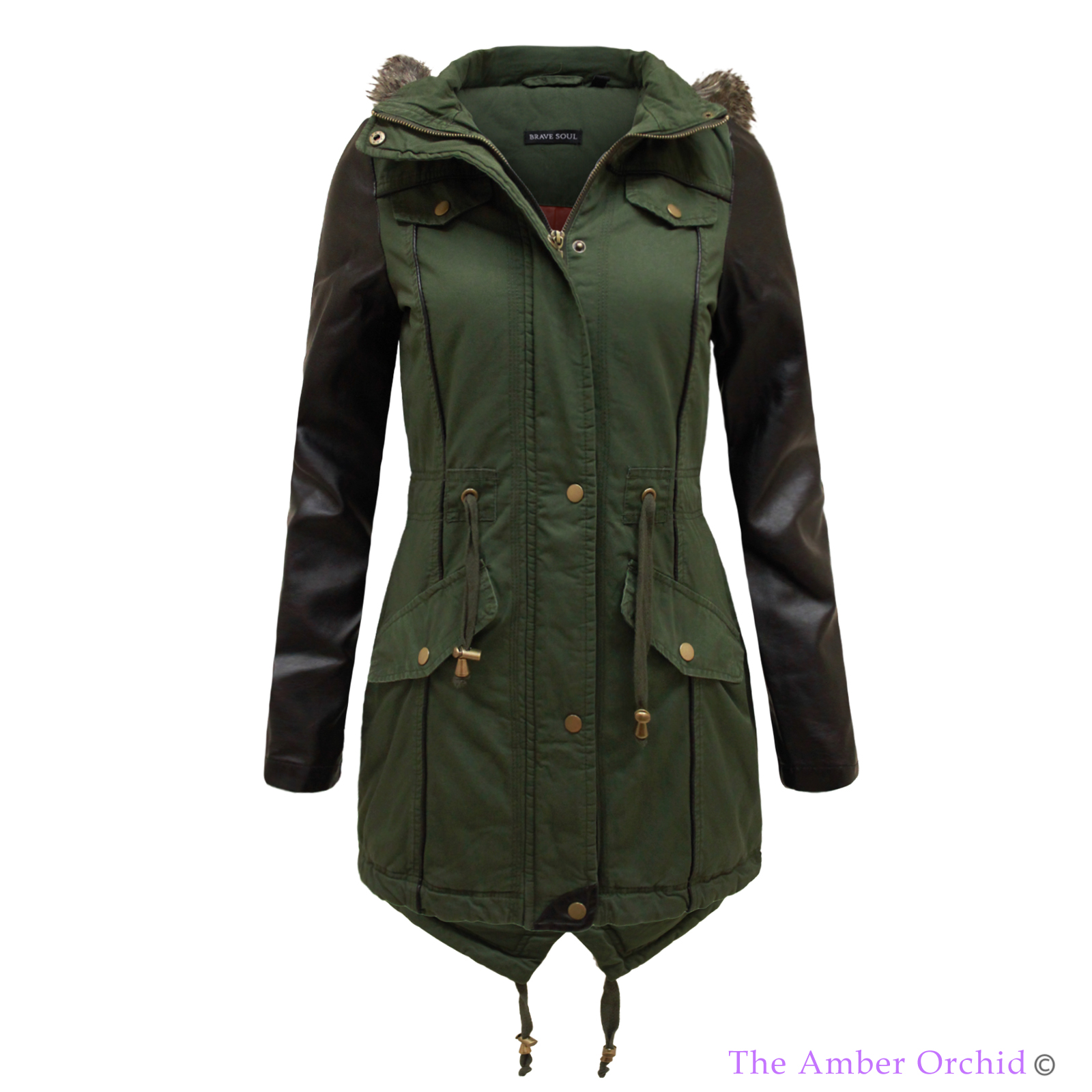 LADIES FAUX LEATHER PVC SLEEVE WOMENS FUR HOODED MILITARY PARKA JACKET ...