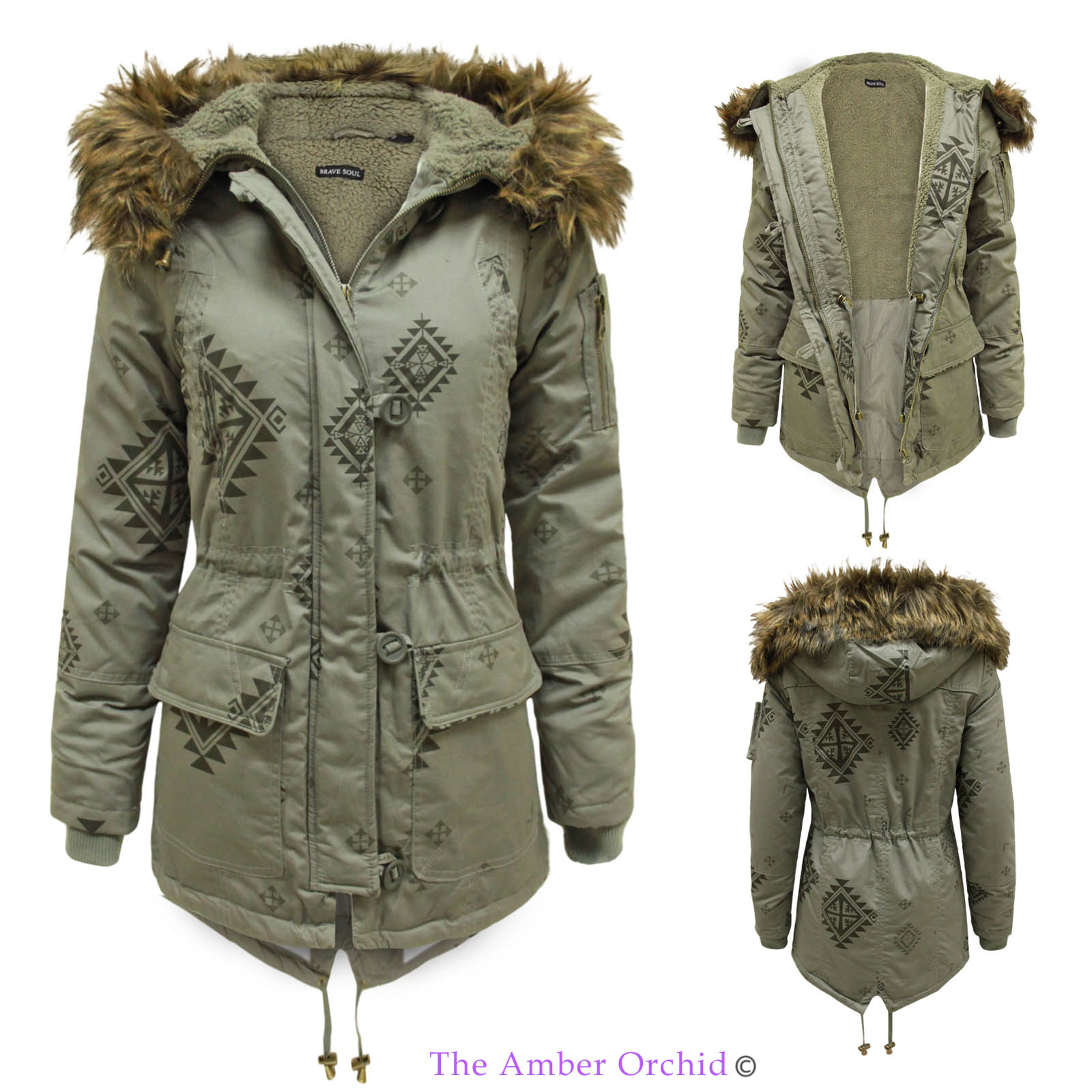 LADIES WOMENS AZTEC PRINT FUR HOODED LINED MILITARY FISHTAIL PARKA ...