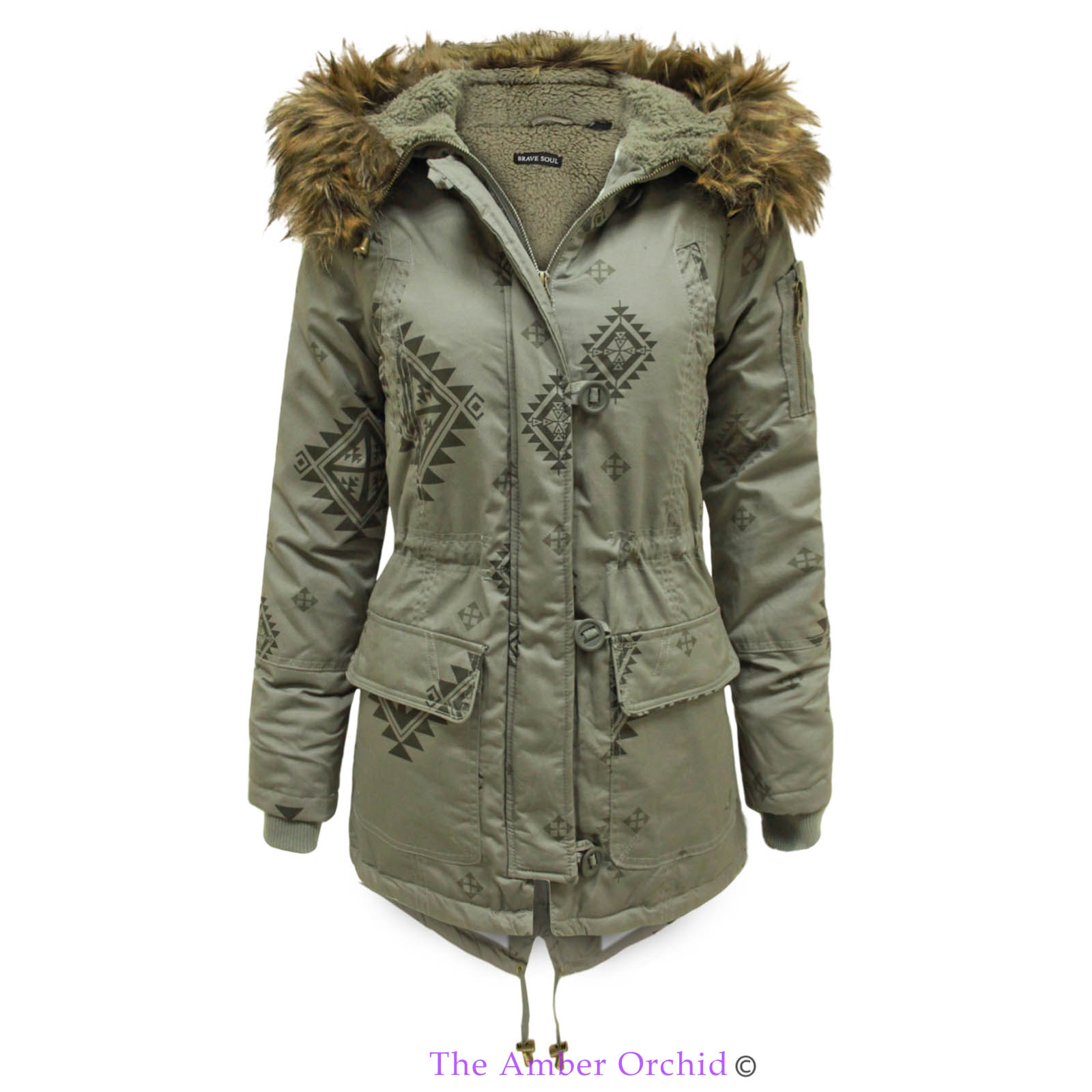 LADIES WOMENS AZTEC PRINT FUR HOODED LINED MILITARY FISHTAIL PARKA ...