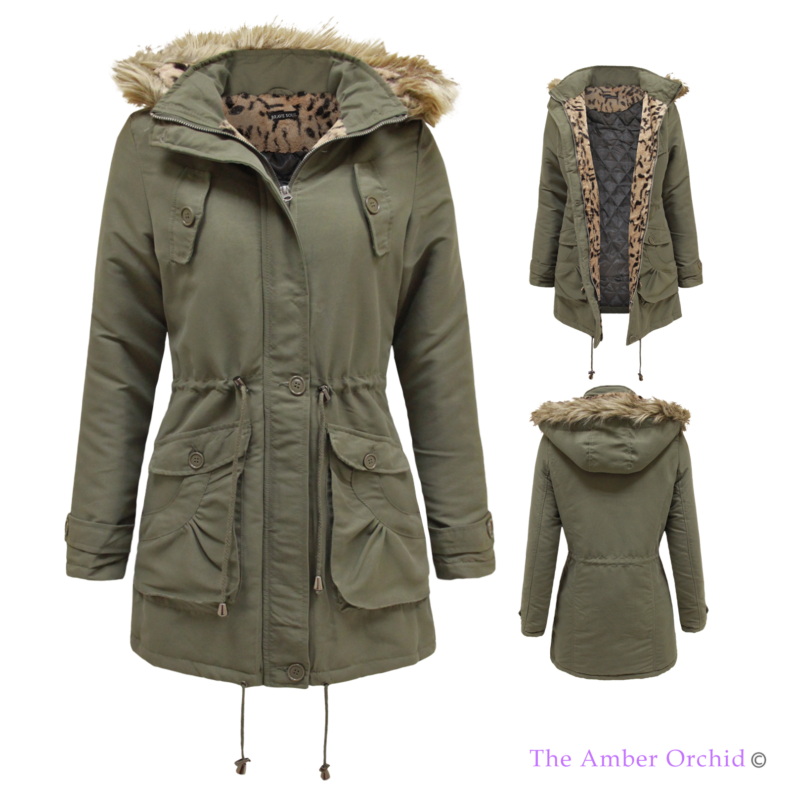 LADIES WOMENS QUILTED LINED LEOPARD ANIMAL FUR HOODED MILITARY PARKA ...