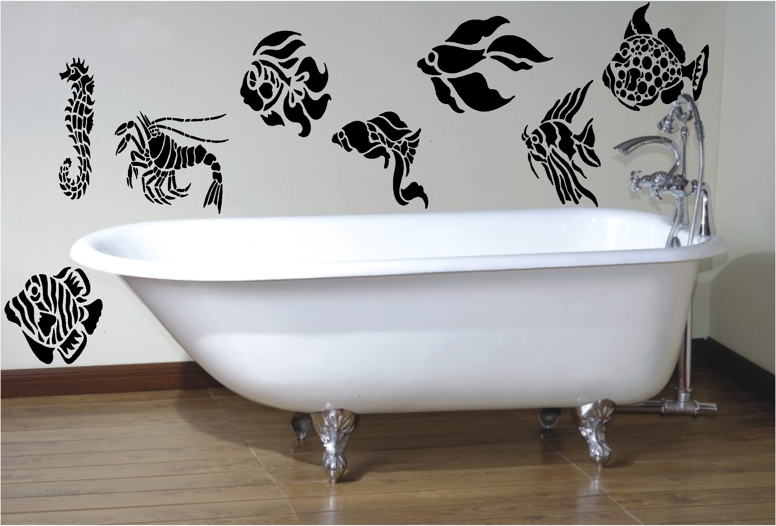 8 X Poisson Pochoir Style Art Mural Autocollant Decalque Salle De Bain Ebay