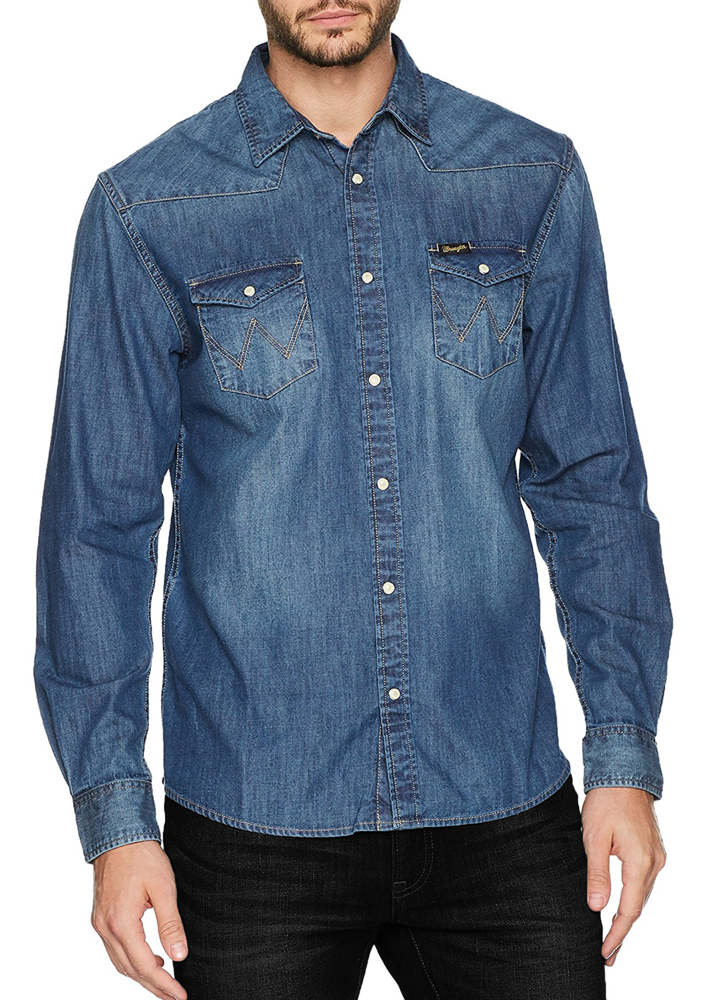 Wrangler Long Sleeve Denim Shirt Fashion Western Indigo Jean Shirts ...