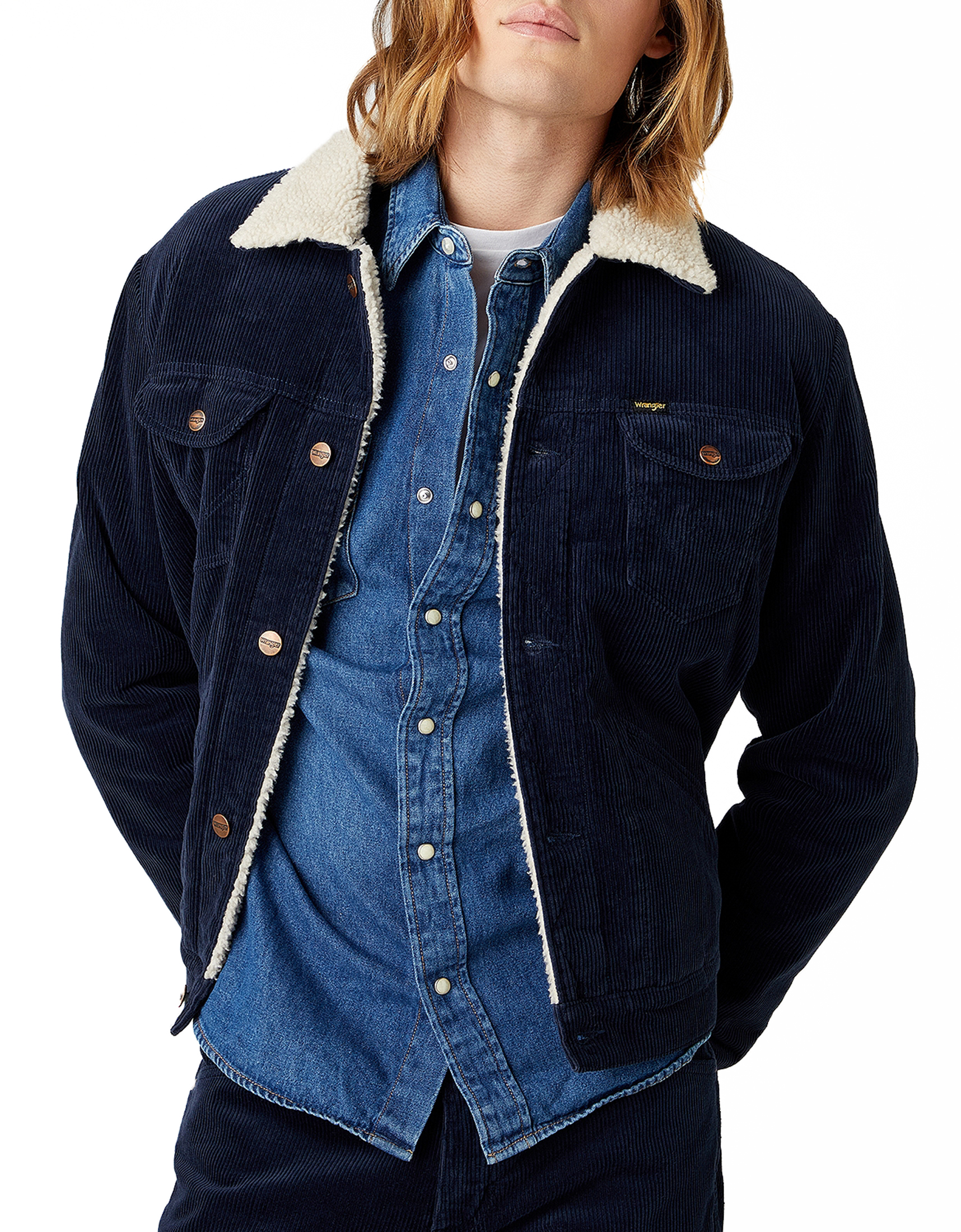 Giacca Wrangler Uomo Sherpa Pelliccia Collare Fodera Calda Velluto a coste Blu S